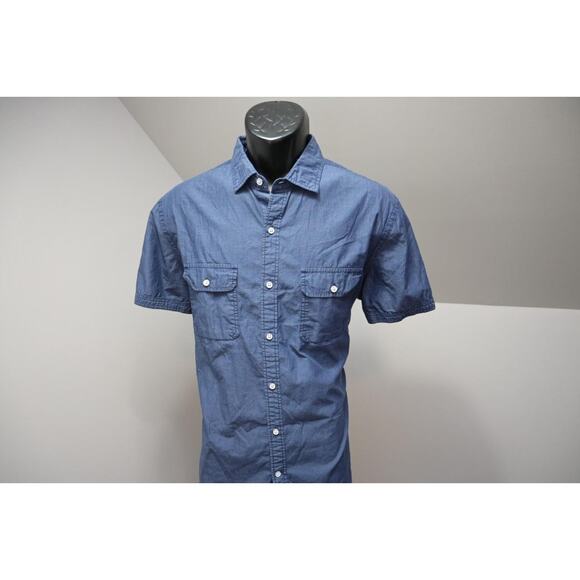 Express Dress Shirt Fitted Blue Military Button Up Short Sleeve Mens Sz Large - Picture 3 of 11